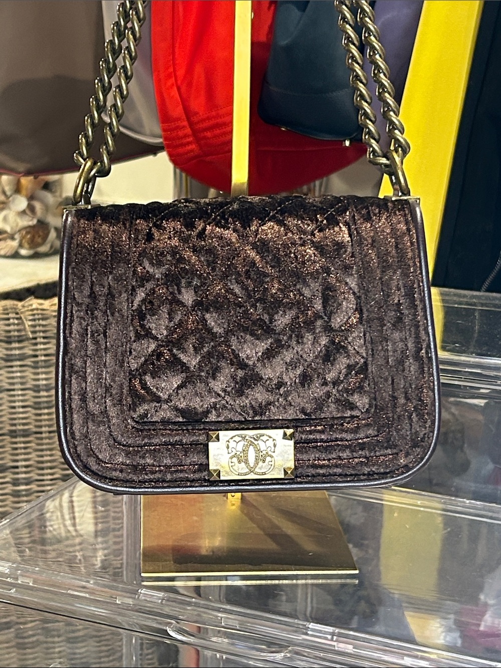 Sharif Brown Quilted Velvet Shoulder Bag with Chain Strap 8.25”x 3.25”x 6.5” New